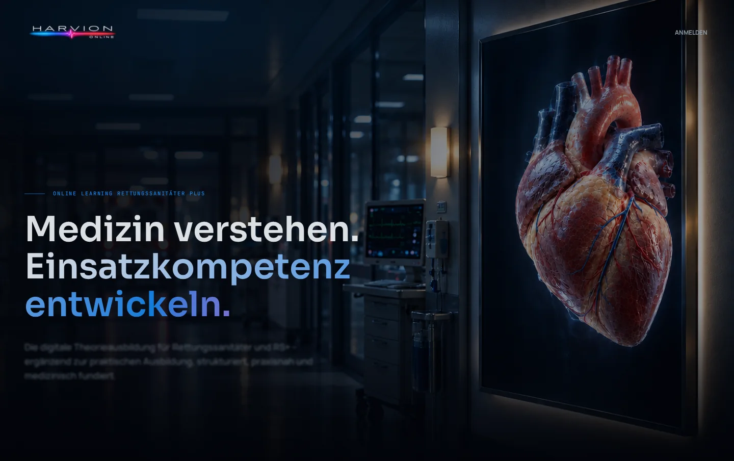 Startansicht der HARVION Online Lernplattform mit anatomischer Herzdarstellung