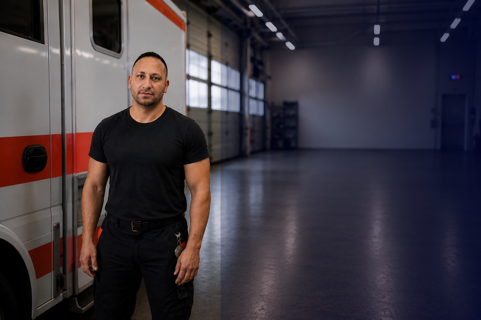 Daniel Amiri, Gründer von HARVION, vor einem Rettungswagen